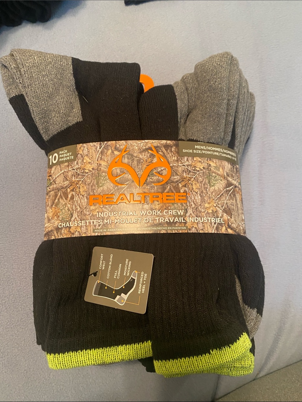 Realtree Work Crew Socks - Black, Gray & Neon Yellow Trim